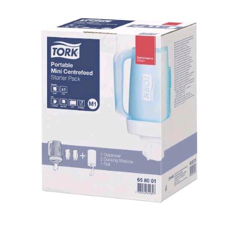 658001, TORK DISPENSER MINI PORTATILE PERASCIUGAMANI AD ESTRAZIONE CENTRALE IN PLASTICA 26.3X18.5X23.9 CM BIANCO AZZURRO, Tork